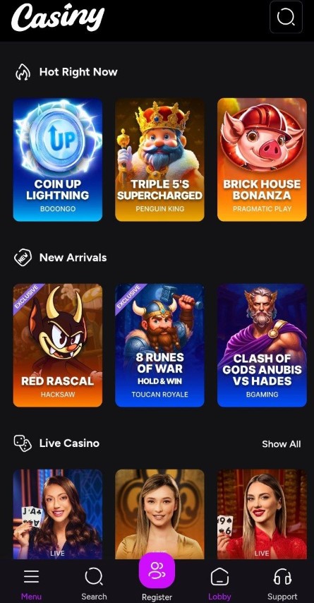 Browse hot new slot arrivals and play live casino games in the mobile app catalog