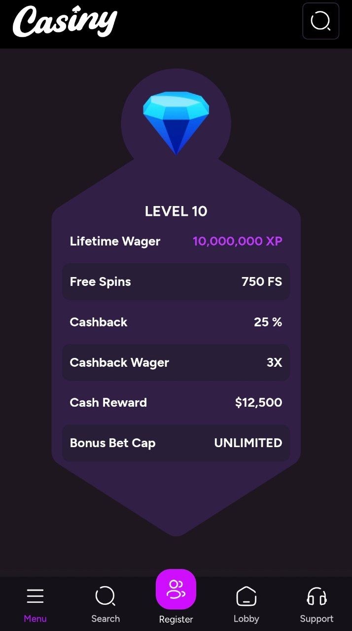 Reach Level 10 VIP status and claim $12,500 cash reward plus 750 free spins at Casiny